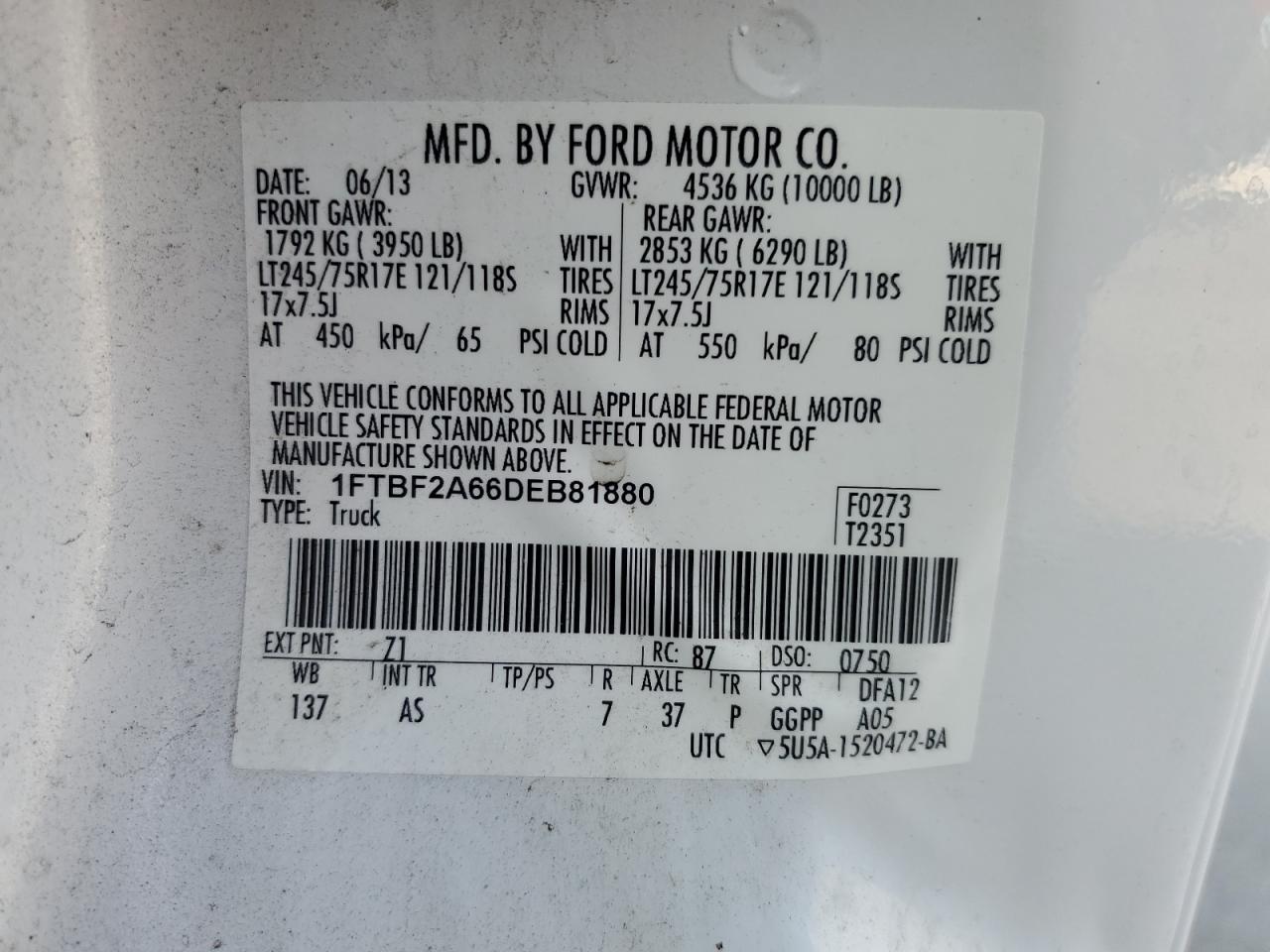 2013 Ford F250 Super Duty VIN: 1FTBF2A66DEB81880 Lot: 85293125