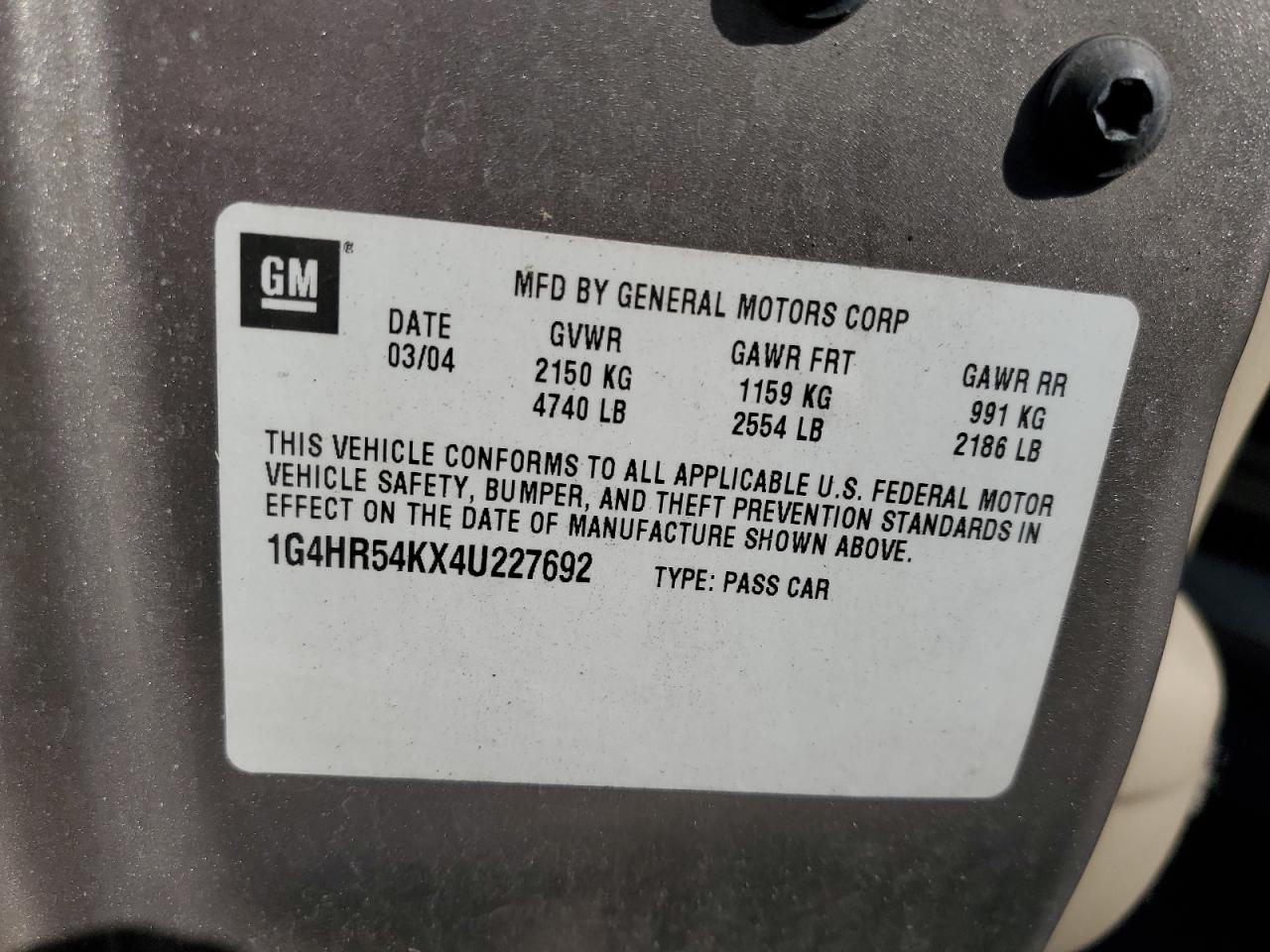 2004 Buick Lesabre Limited VIN: 1G4HR54KX4U227692 Lot: 82120075