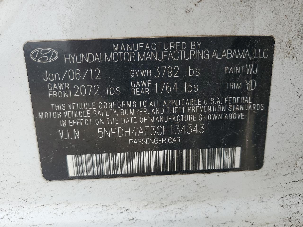 2012 Hyundai Elantra Gls VIN: 5NPDH4AE3CH134343 Lot: 90348115