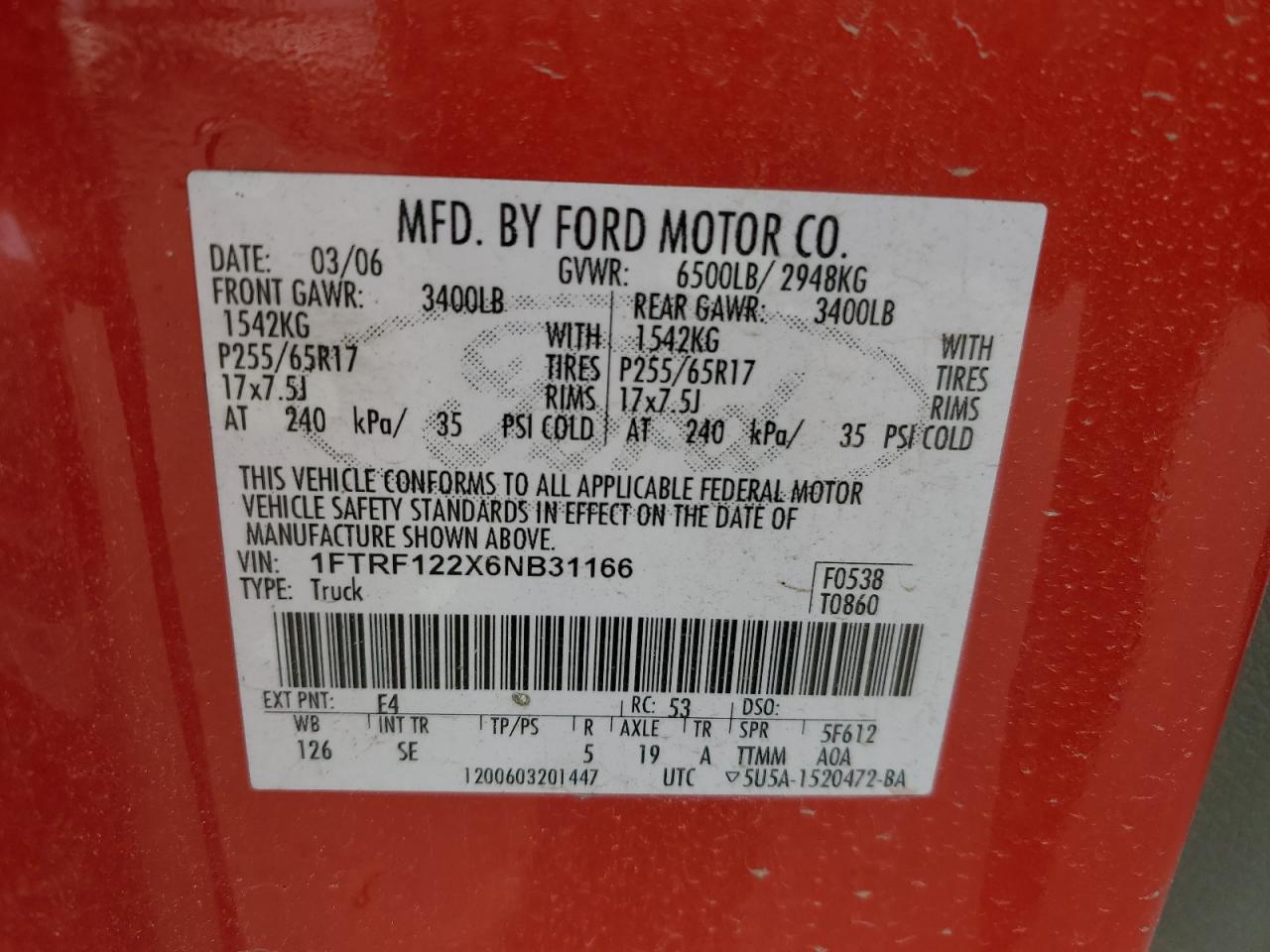 2006 Ford F150 VIN: 1FTRF122X6NB31166 Lot: 90375855