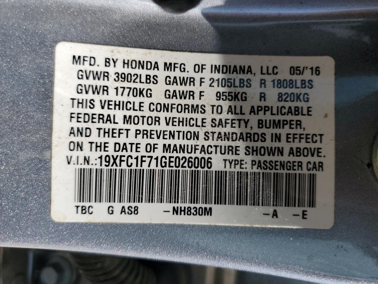 2016 Honda Civic Exl VIN: 19XFC1F71GE026006 Lot: 84704925