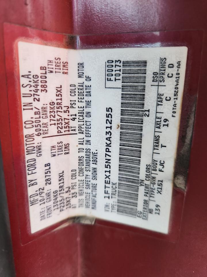 1993 Ford F150 VIN: 1FTEX15N7PKA31255 Lot: 84916965