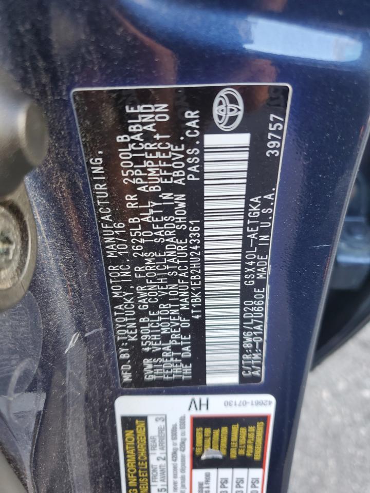 2017 Toyota Avalon Xle VIN: 4T1BK1EB2HU243361 Lot: 85948395