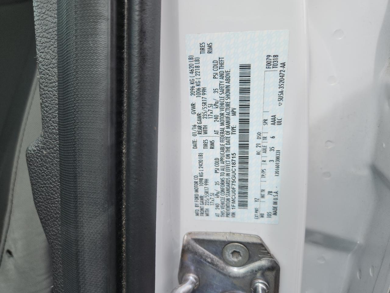 2016 Ford Escape S VIN: 1FMCU0F75GUC18715 Lot: 86247005