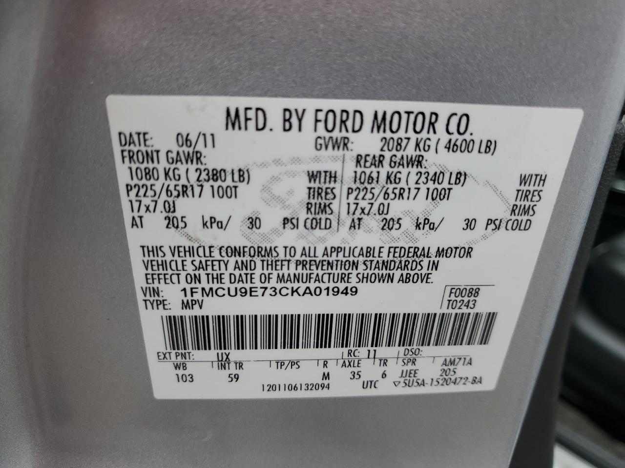 2012 Ford Escape Limited VIN: 1FMCU9E73CKA01949 Lot: 85513975