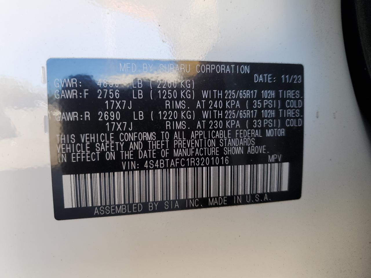 2024 Subaru Outback Premium VIN: 4S4BTAFC1R3201016 Lot: 84811685