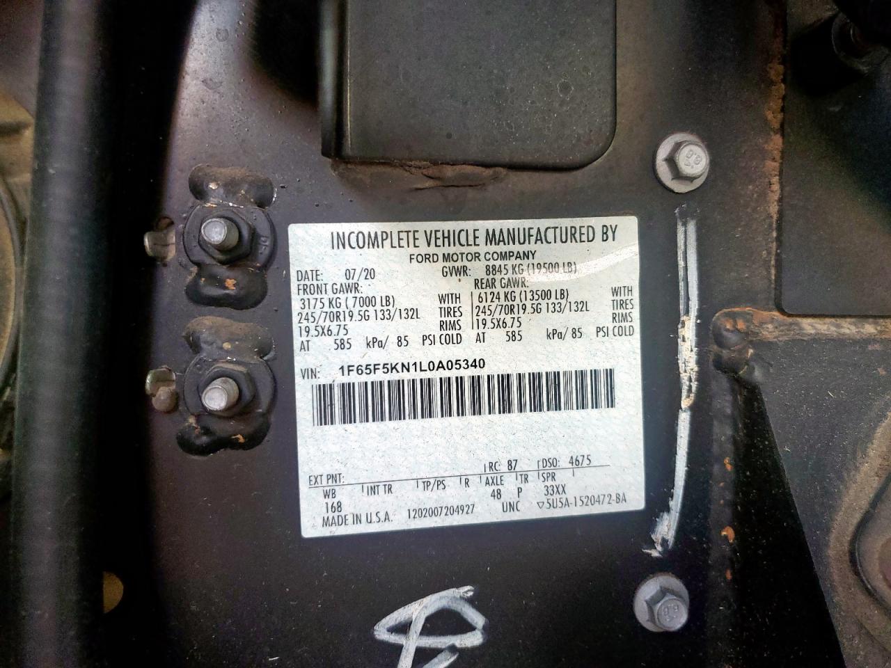 2020 Ford F59 VIN: 1F65F5KN1L0A05340 Lot: 84180545