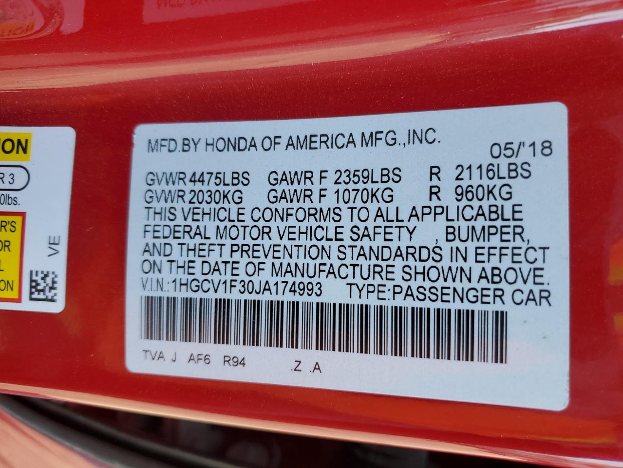 2018 Honda Accord Sport VIN: 1HGCV1F30JA174993 Lot: 86106275