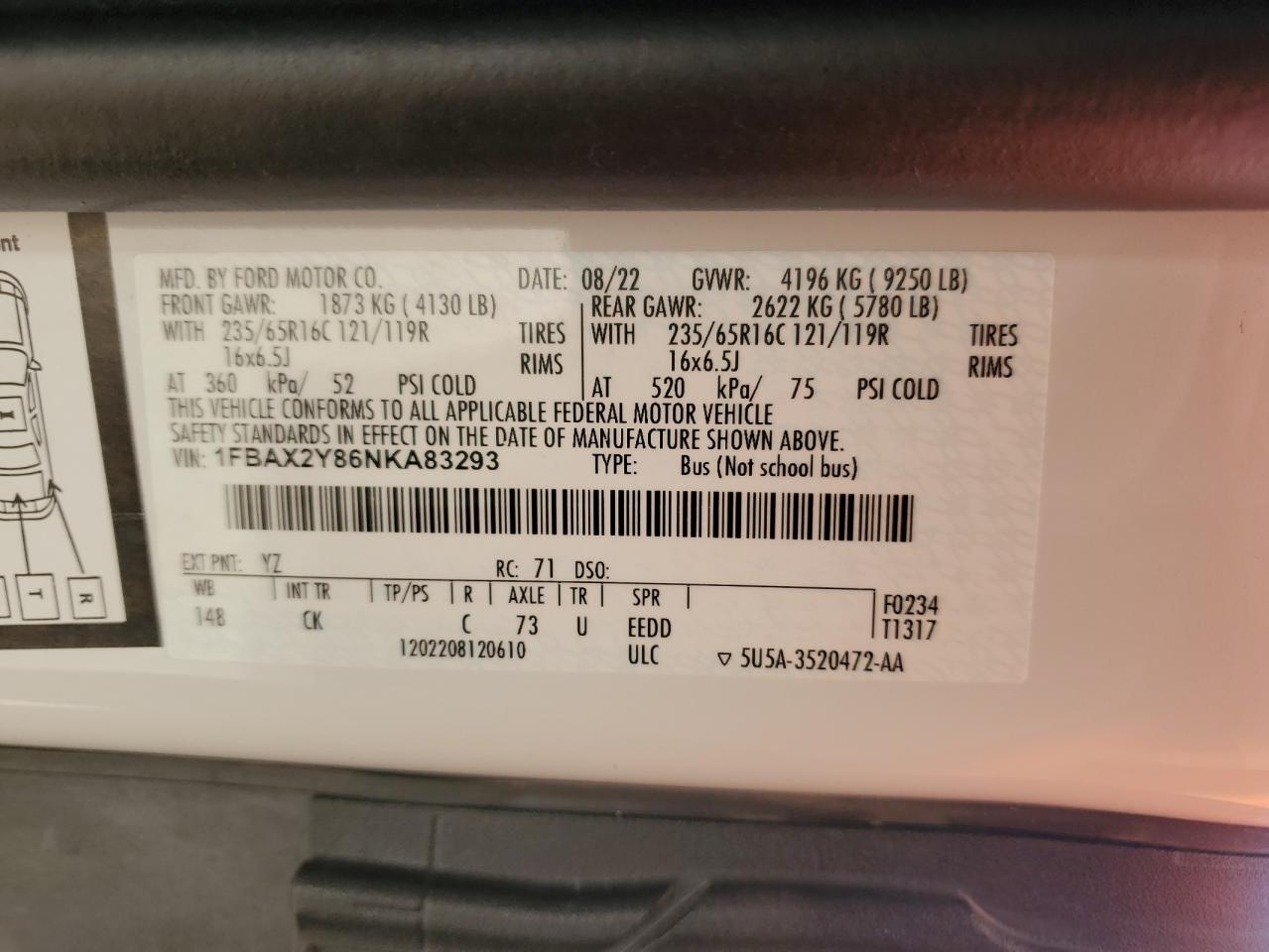 2022 Ford Transit T-350 VIN: 1FBAX2Y86NKA83293 Lot: 85354455