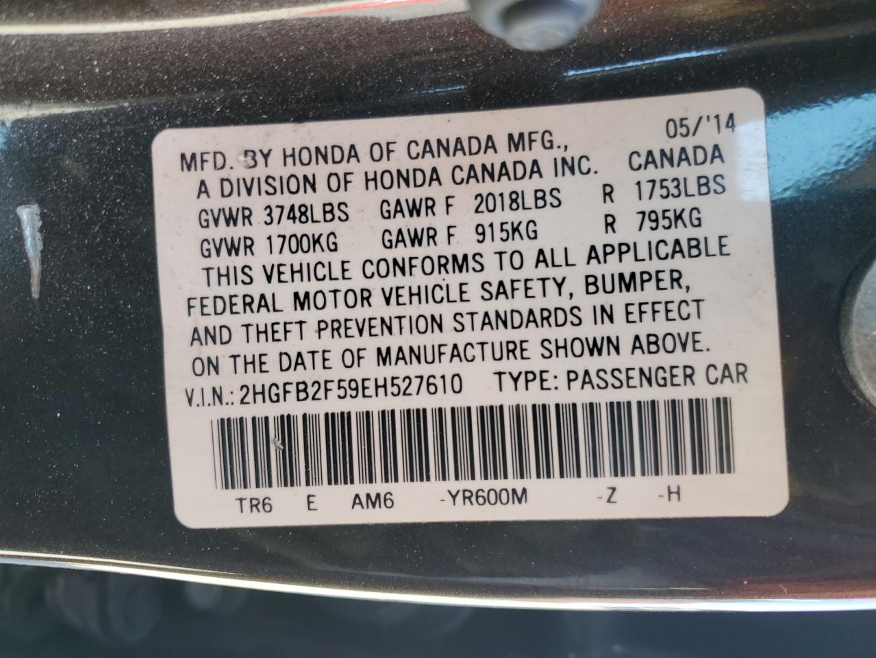 2014 Honda Civic Lx VIN: 2HGFB2F59EH527610 Lot: 86188105