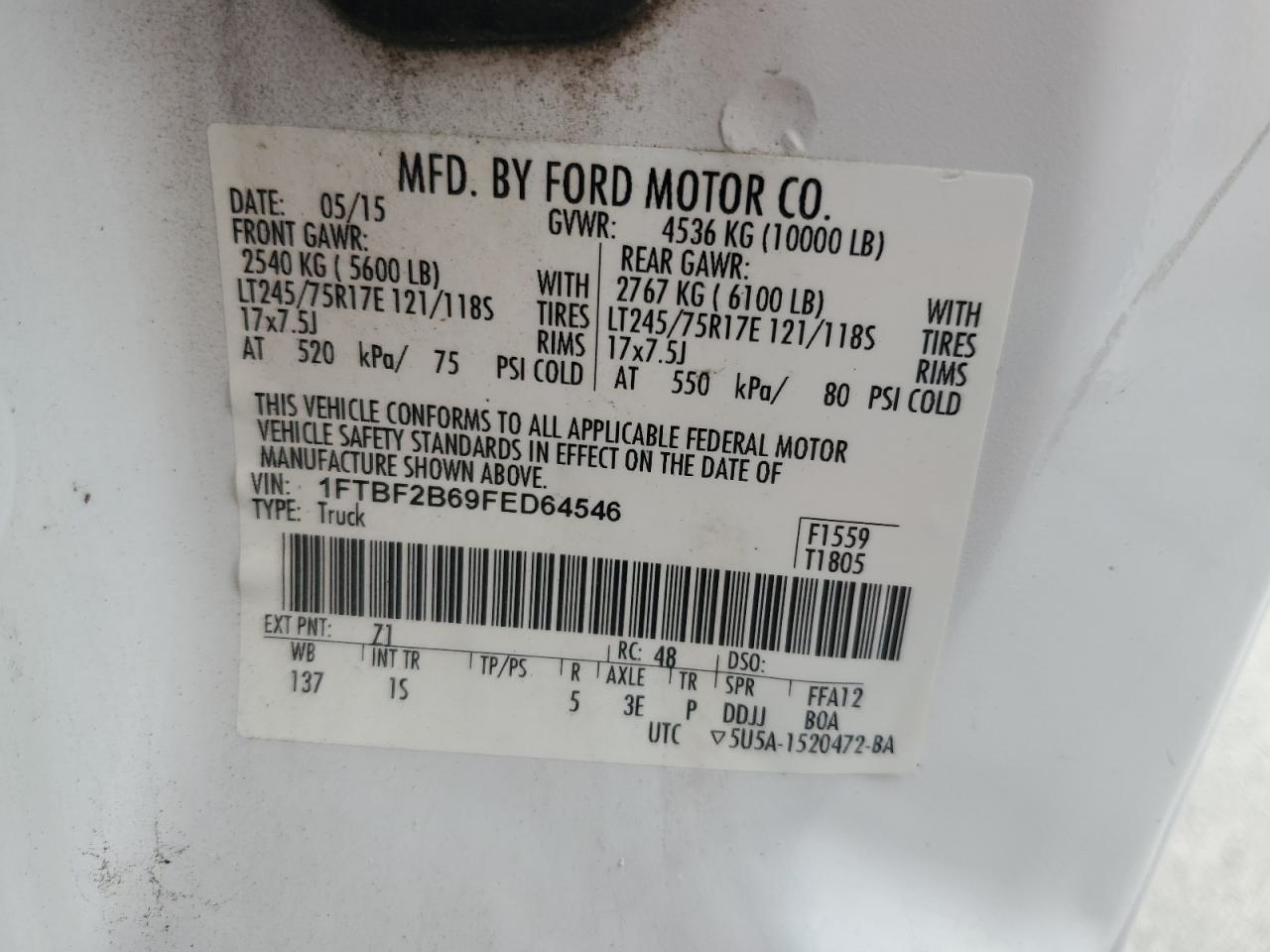 2015 Ford F250 Super Duty VIN: 1FTBF2B69FED64546 Lot: 85717715