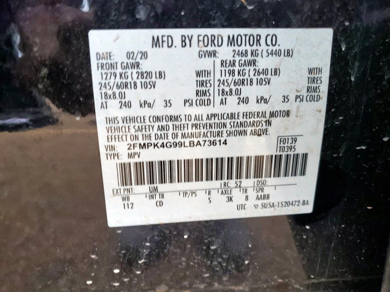 2020 Ford Edge Se VIN: 2FMPK4G99LBA73614 Lot: 90294975