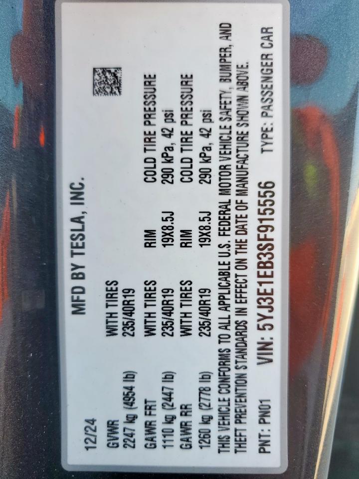 2025 Tesla Model 3 VIN: 5YJ3E1EB3SF915556 Lot: 85289685