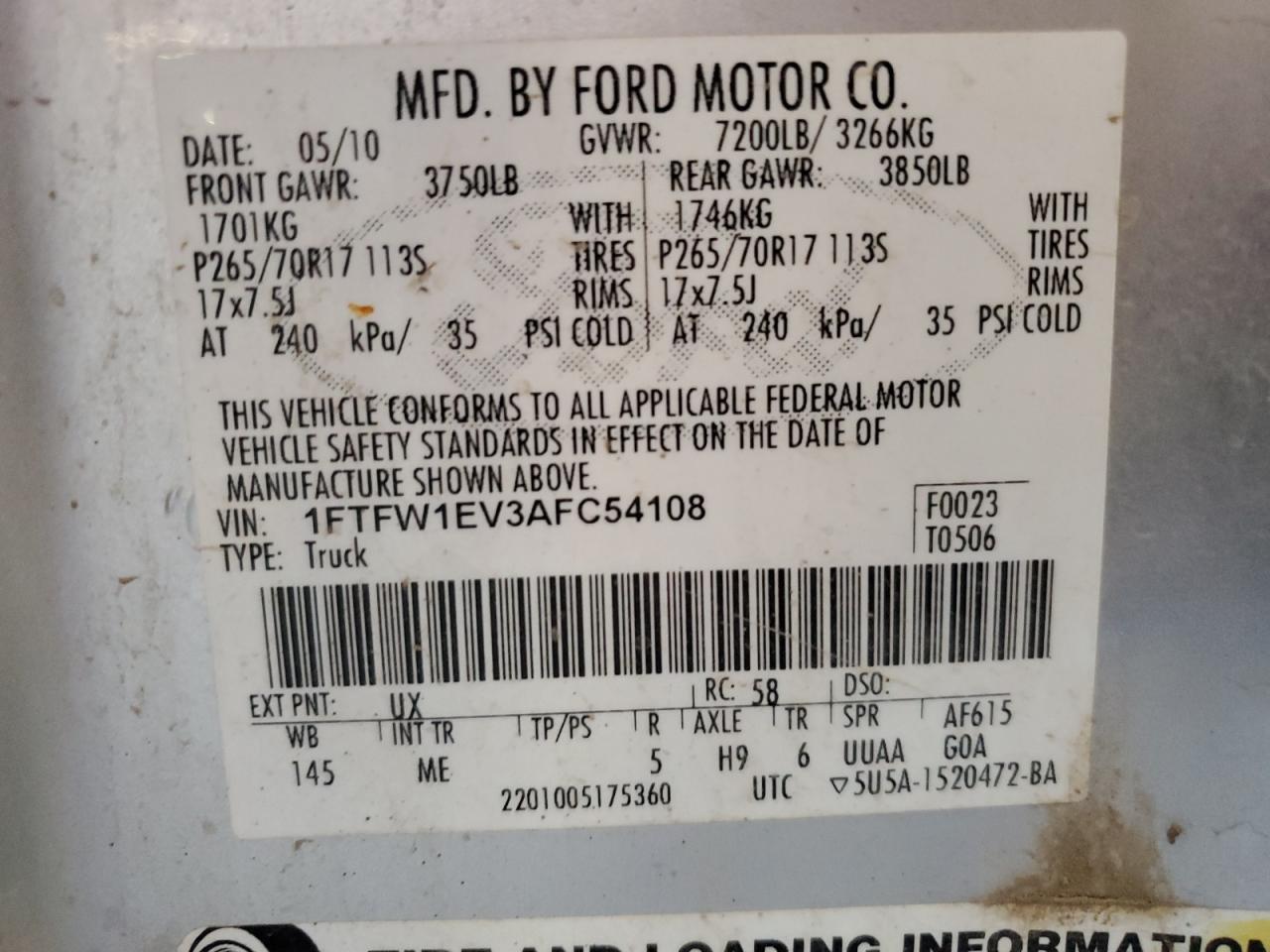 2010 Ford F150 Supercrew VIN: 1FTFW1EV3AFC54108 Lot: 82186565