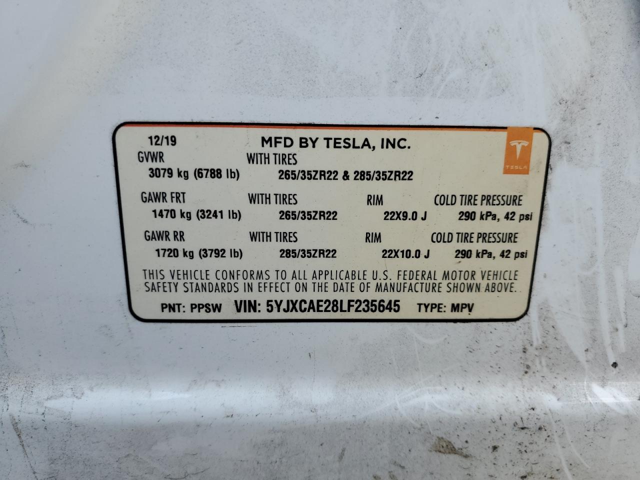 2020 Tesla Model X VIN: 5YJXCAE28LF235645 Lot: 90218325