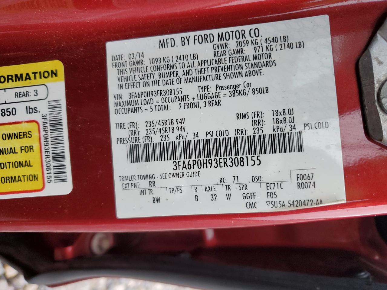 2014 Ford Fusion Se VIN: 3FA6P0H93ER308155 Lot: 90341115