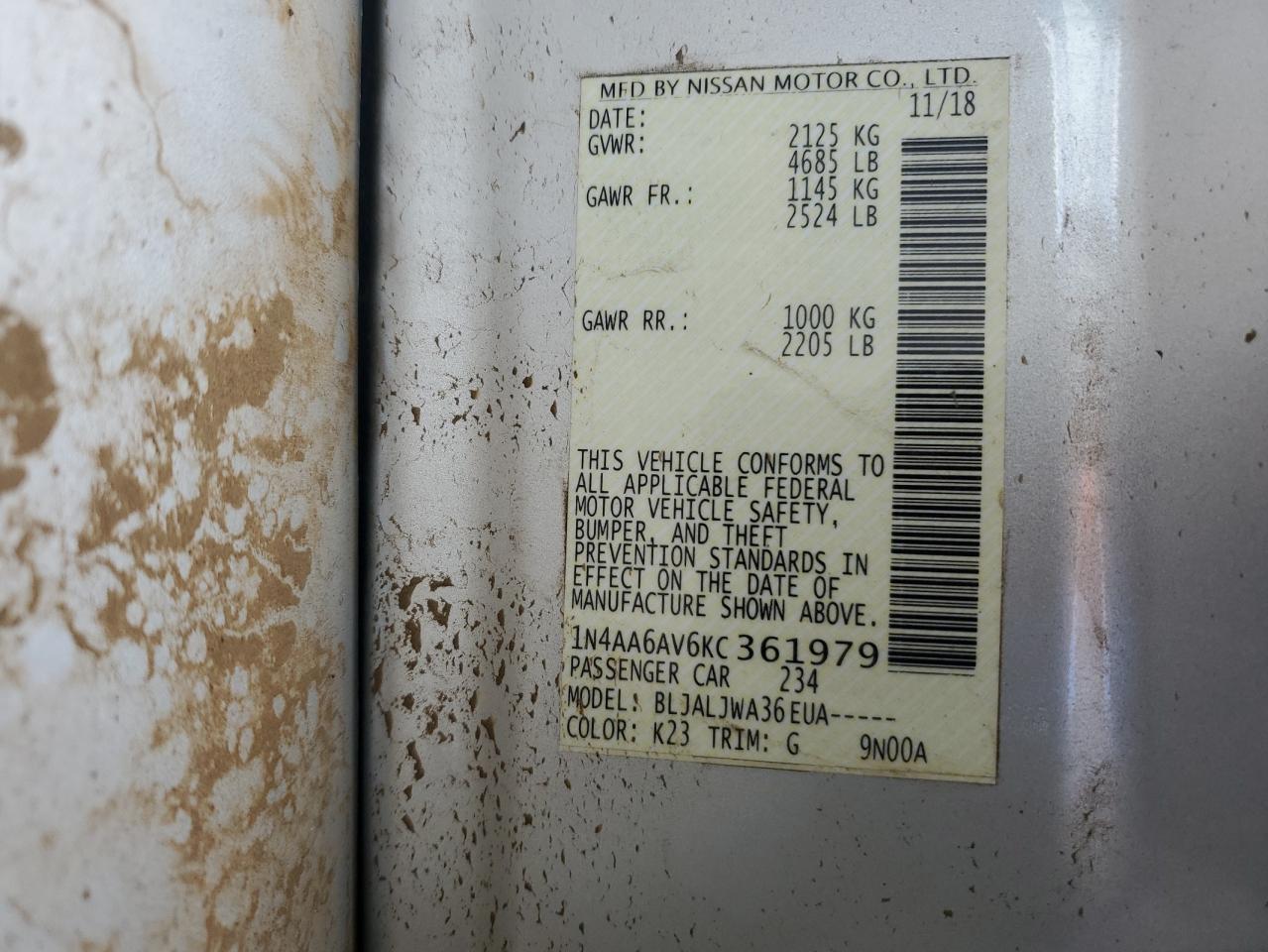 2019 Nissan Maxima S VIN: 1N4AA6AV6KC361979 Lot: 84980865