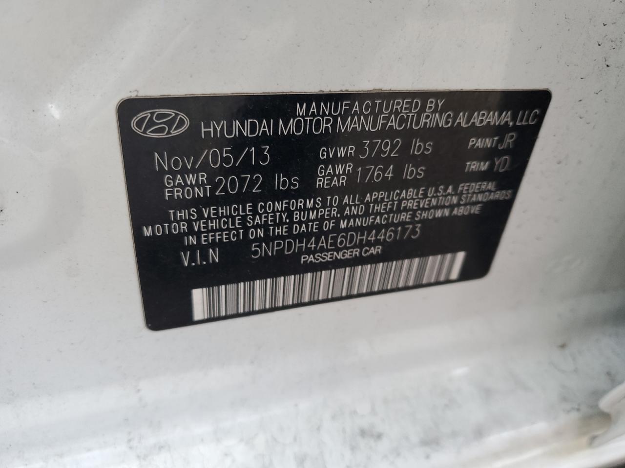 2013 Hyundai Elantra Gls VIN: 5NPDH4AE6DH446173 Lot: 85305495