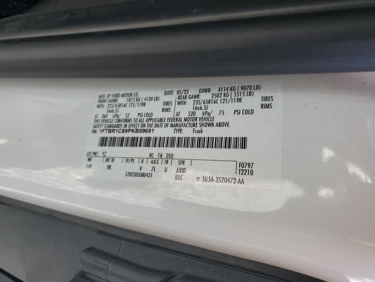 2023 Ford Transit T-250 VIN: 1FTBR1C89PKB09691 Lot: 85377355