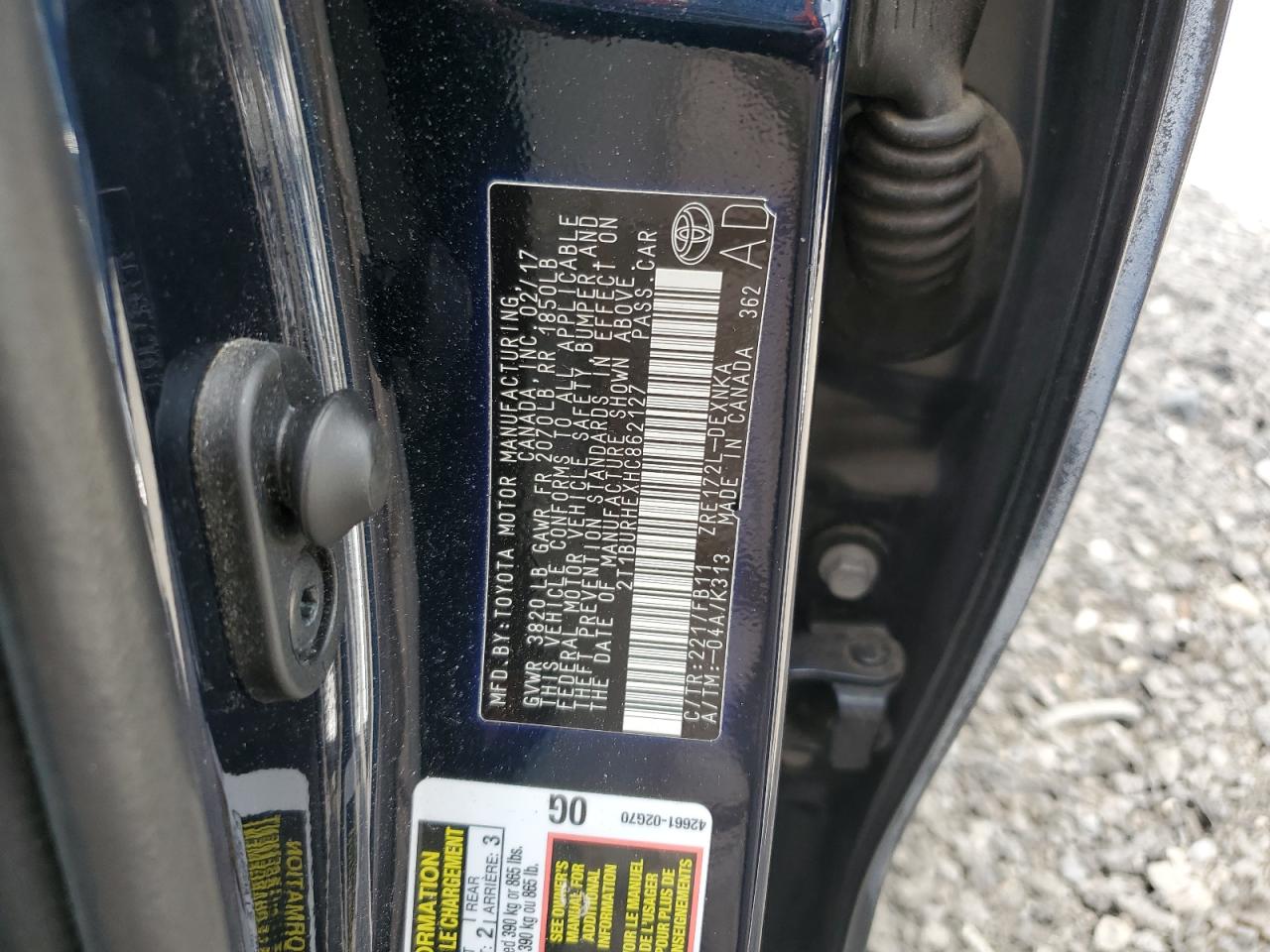 2017 Toyota Corolla L VIN: 2T1BURHEXHC862127 Lot: 85177415