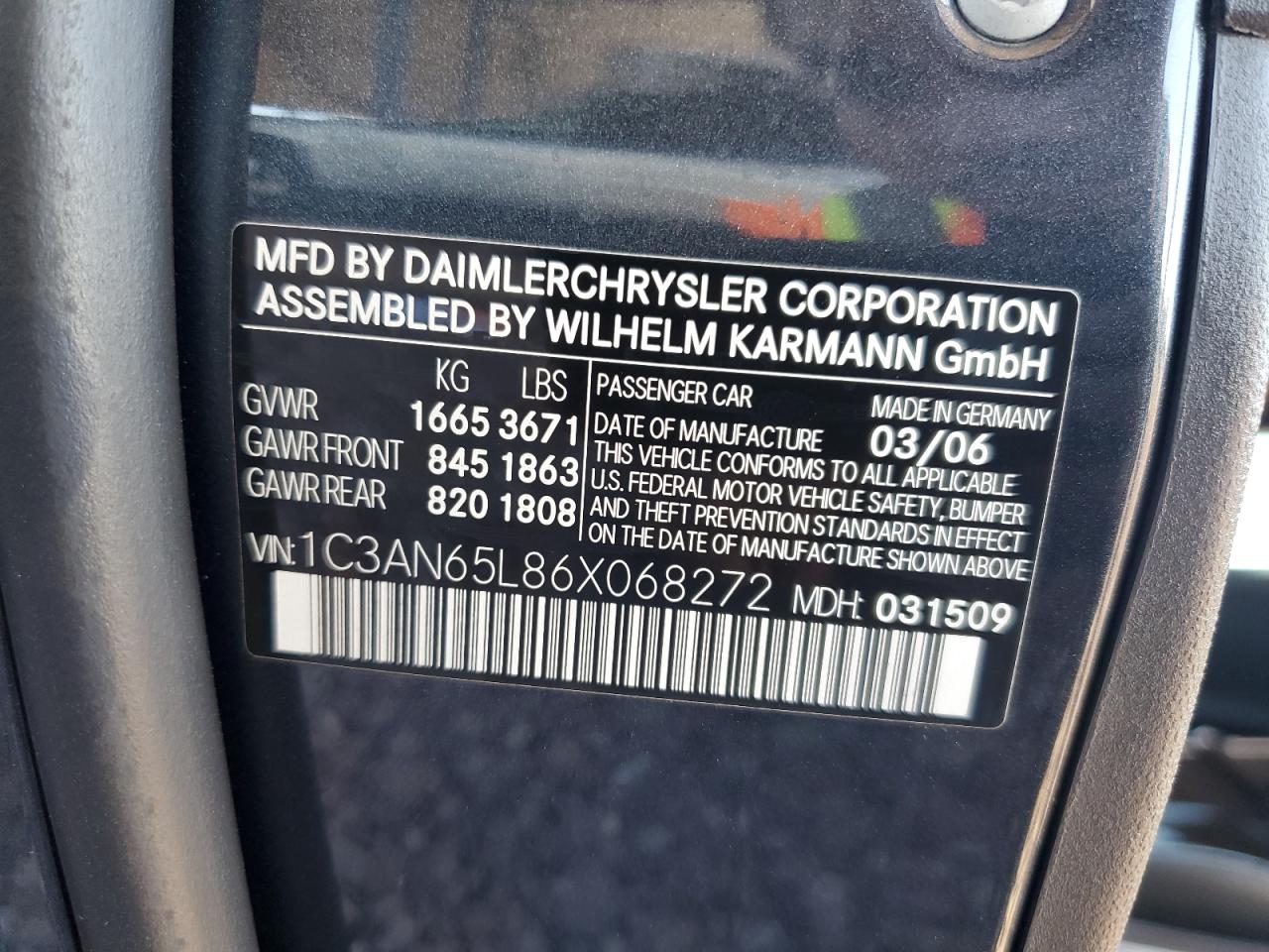 2006 Chrysler Crossfire Limited VIN: 1C3AN65L86X068272 Lot: 82181635