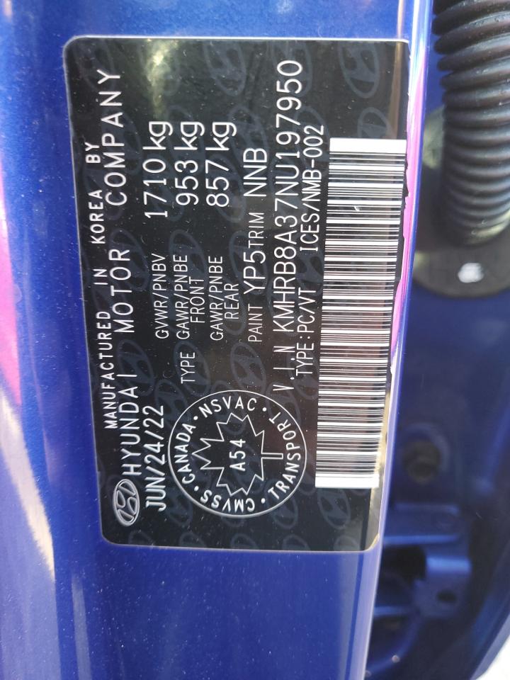 2022 Hyundai Venue Se VIN: KMHRB8A37NU197950 Lot: 83760715