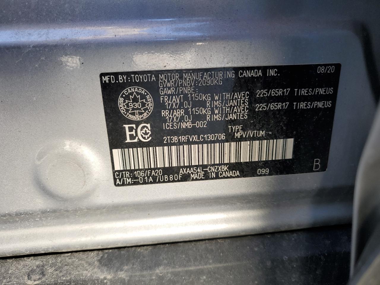 2020 Toyota Rav4 Le VIN: 2T3B1RFVXLC130706 Lot: 89649625