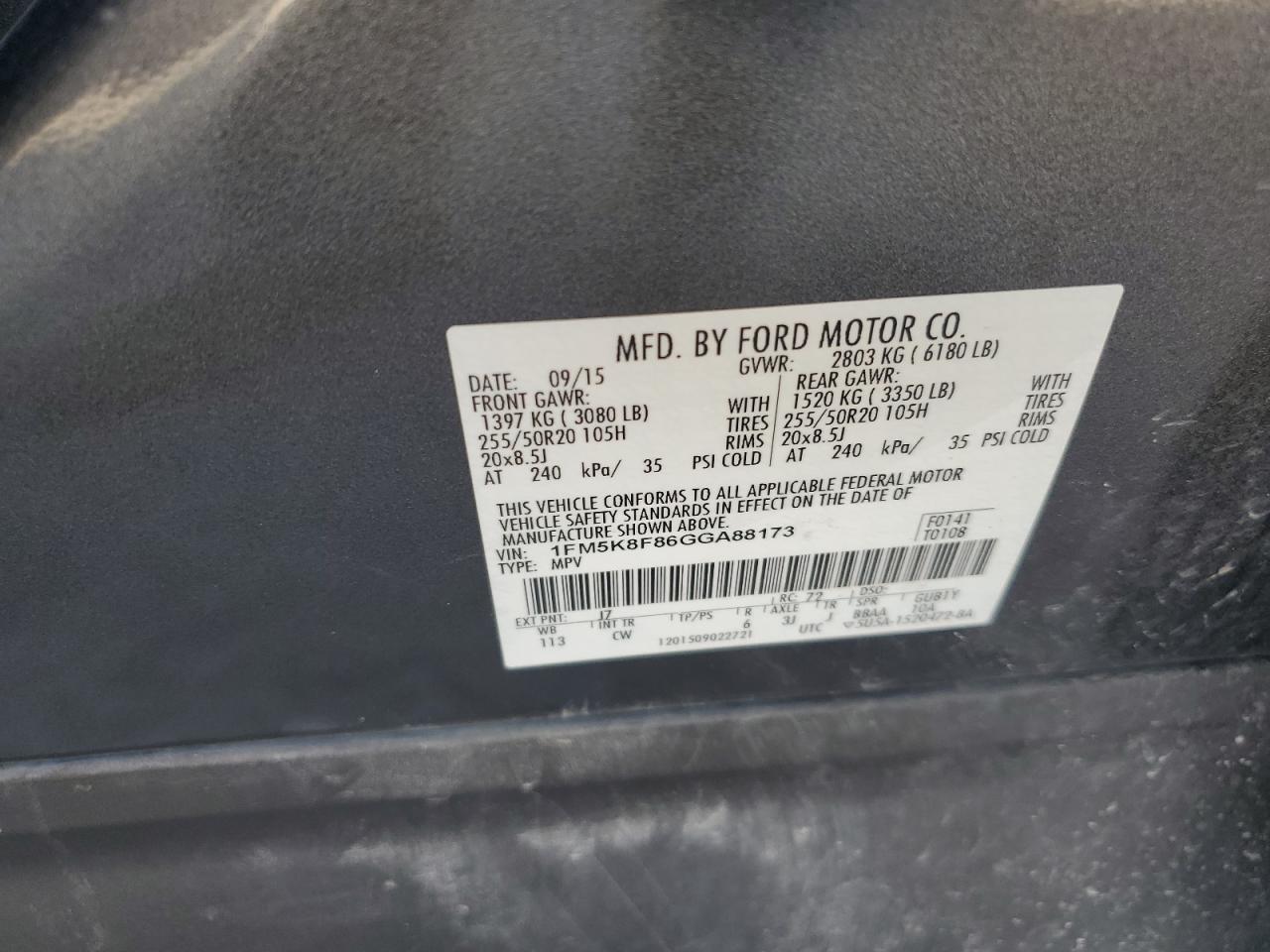 2016 Ford Explorer Limited VIN: 1FM5K8F86GGA88173 Lot: 82142235