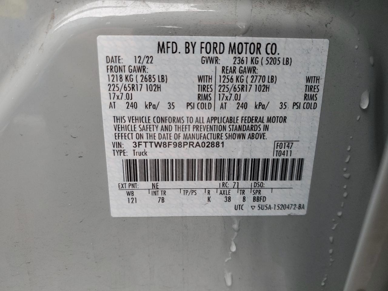 2023 Ford Maverick Xl VIN: 3FTTW8F98PRA02881 Lot: 89899465