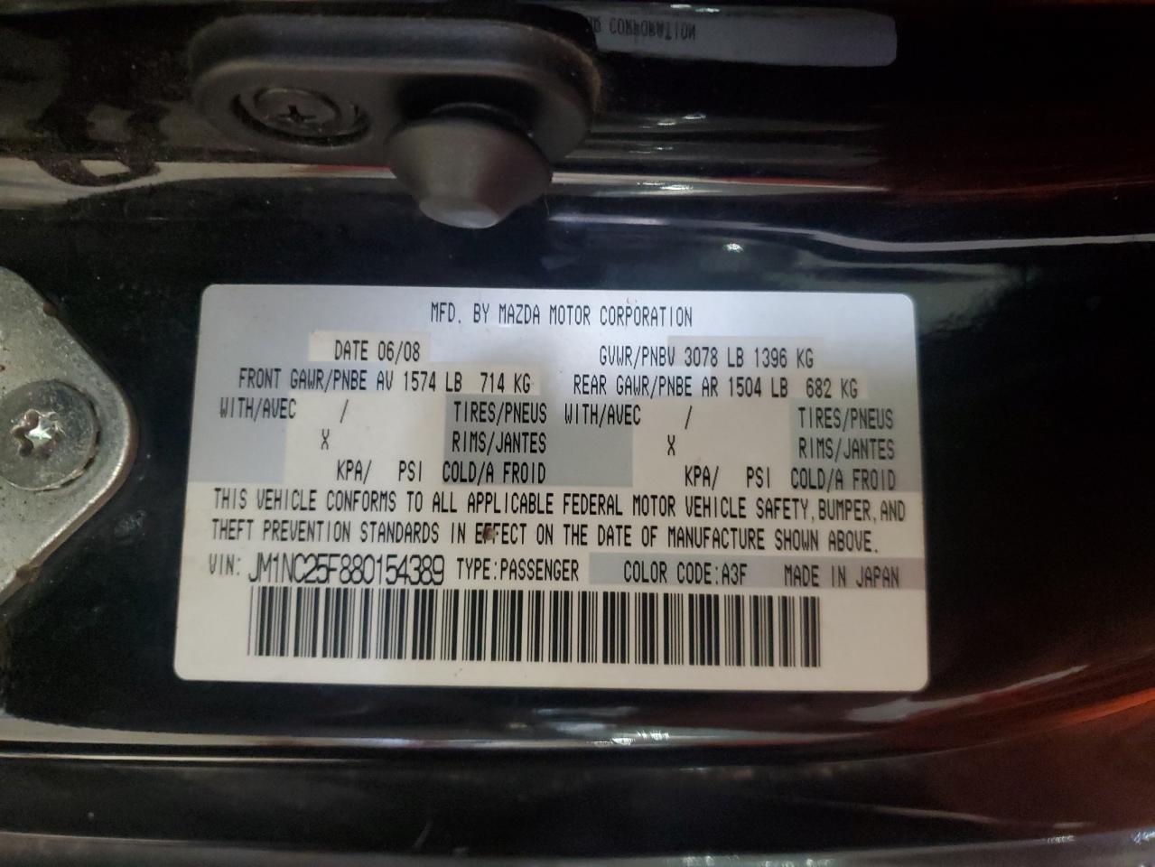 2008 Mazda Mx-5 Miata VIN: JM1NC25F880154389 Lot: 84704365