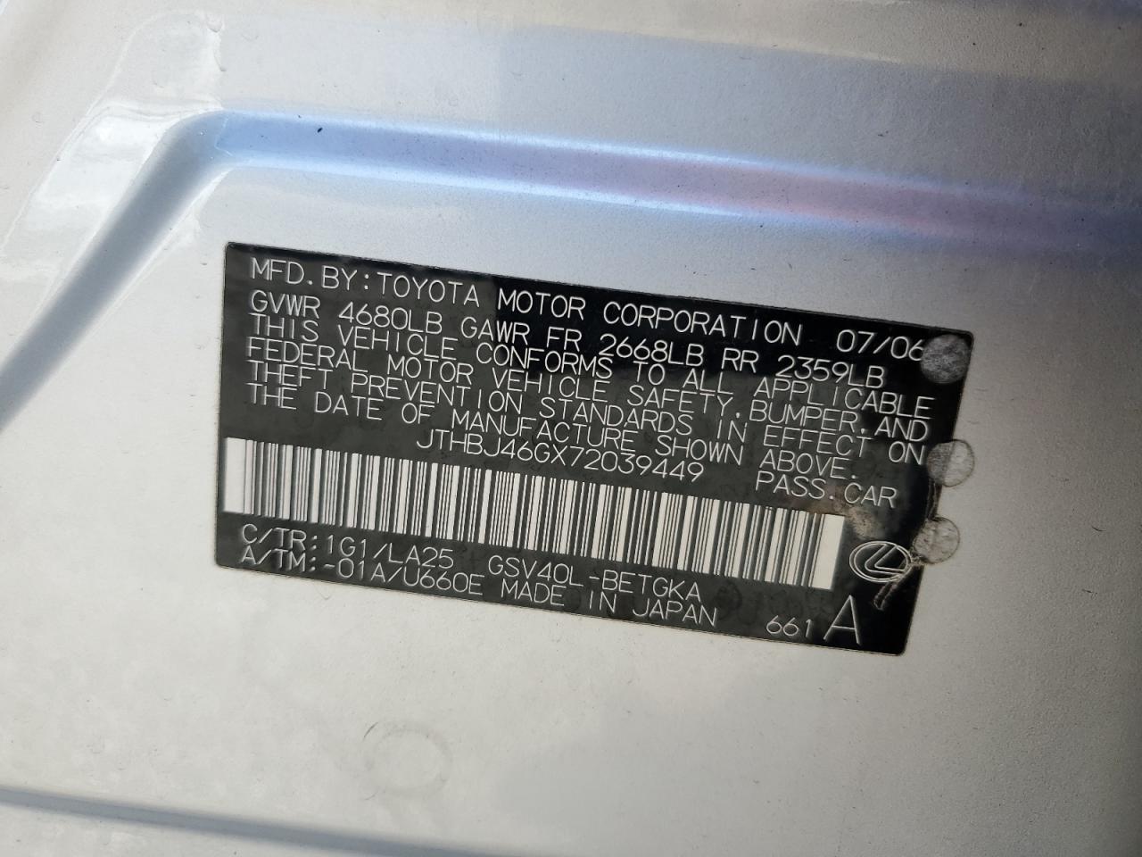 2007 Lexus Es 350 VIN: JTHBJ46GX72039449 Lot: 85940525