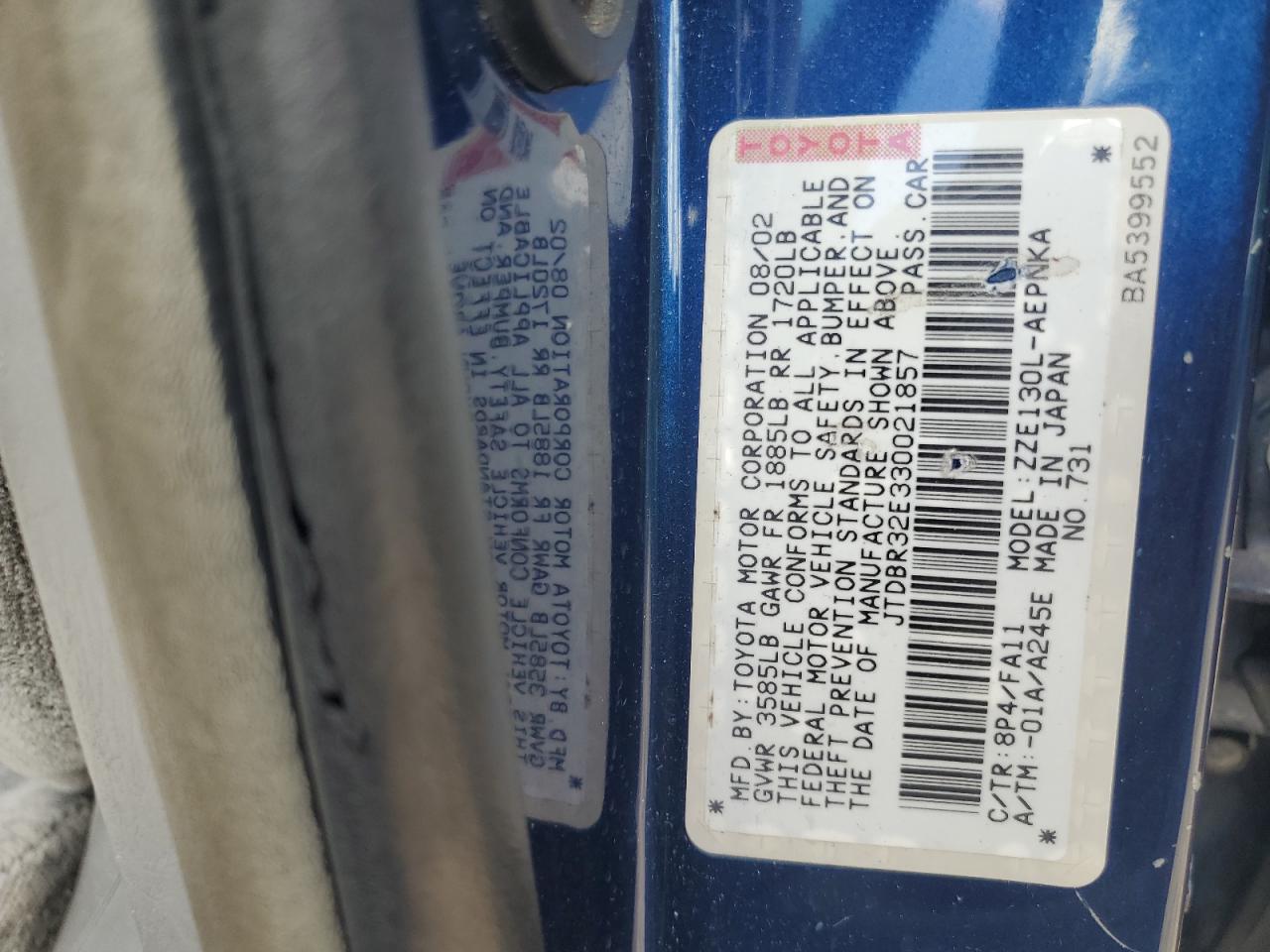 2003 Toyota Corolla Ce VIN: JTDBR32E330021857 Lot: 84945035