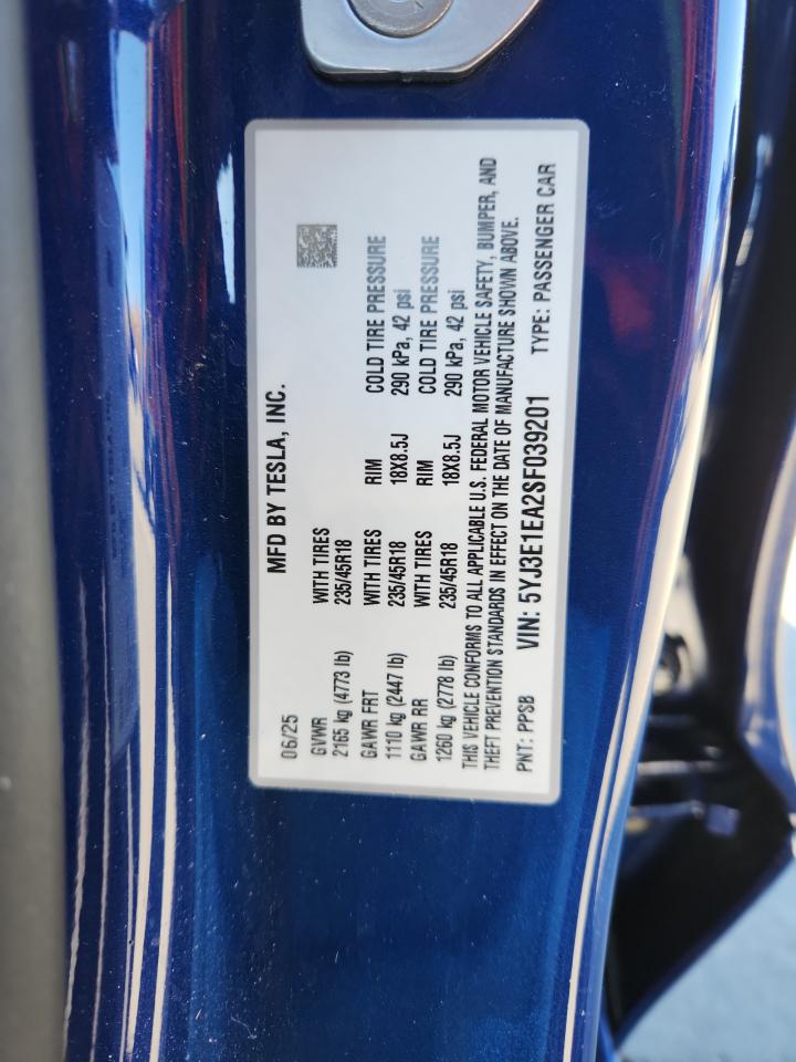 2025 Tesla Model 3 VIN: 5YJ3E1EA2SF039201 Lot: 87130025
