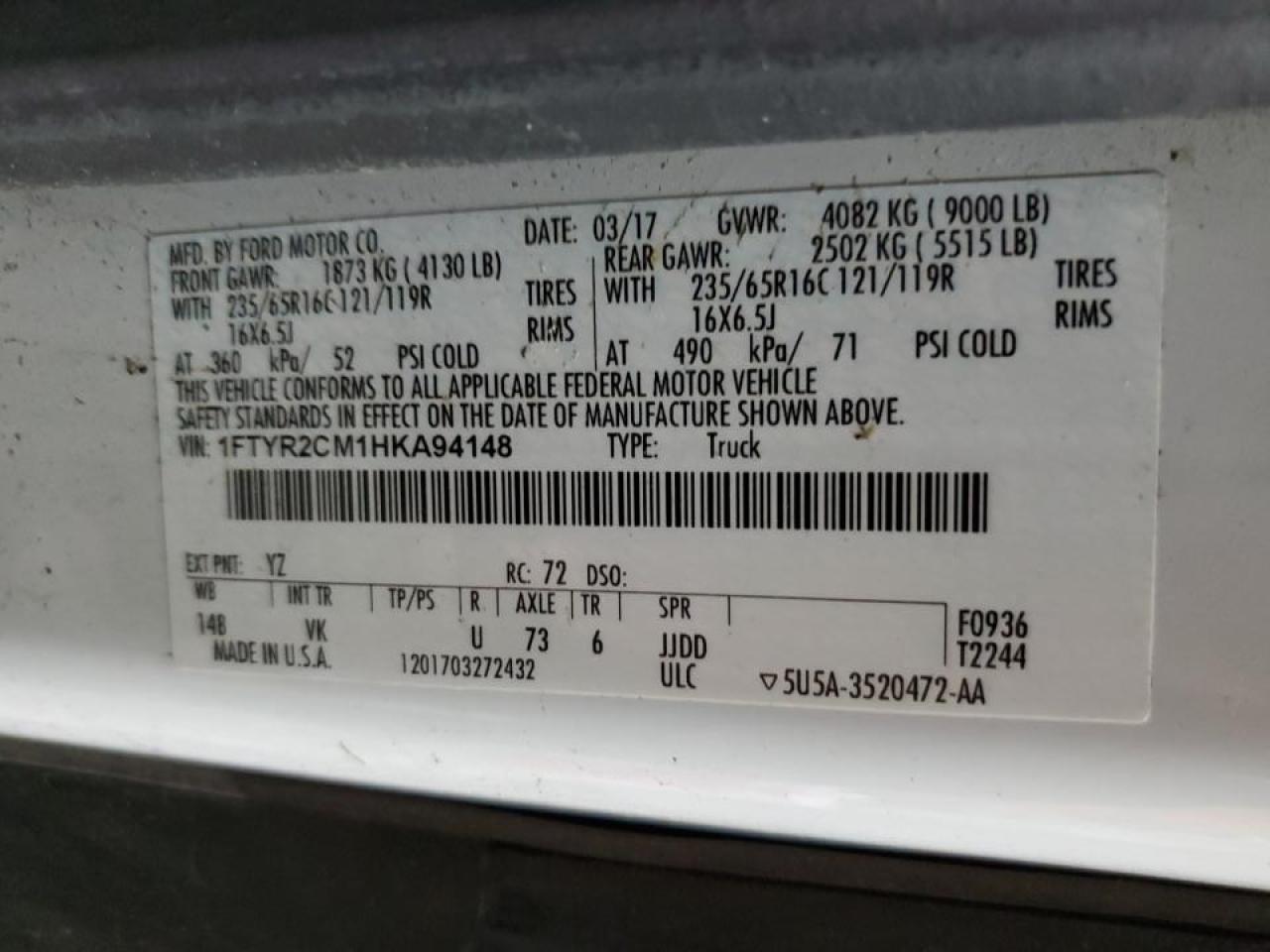 2017 Ford Transit Van T-250 Me VIN: 1FTYR2CM1HKA94148 Lot: 90630575