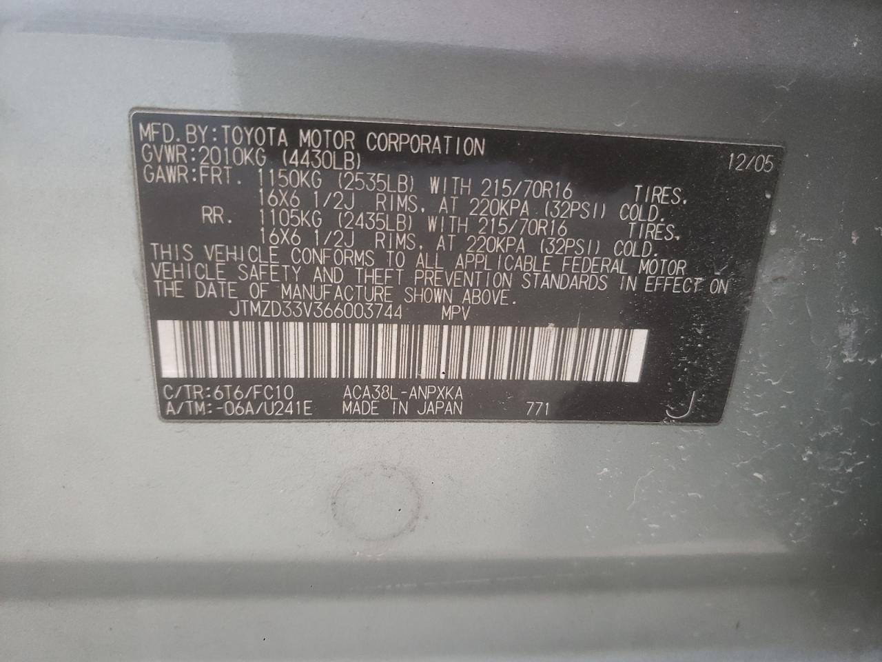 2006 Toyota Rav4 VIN: JTMZD33V366003744 Lot: 82488645