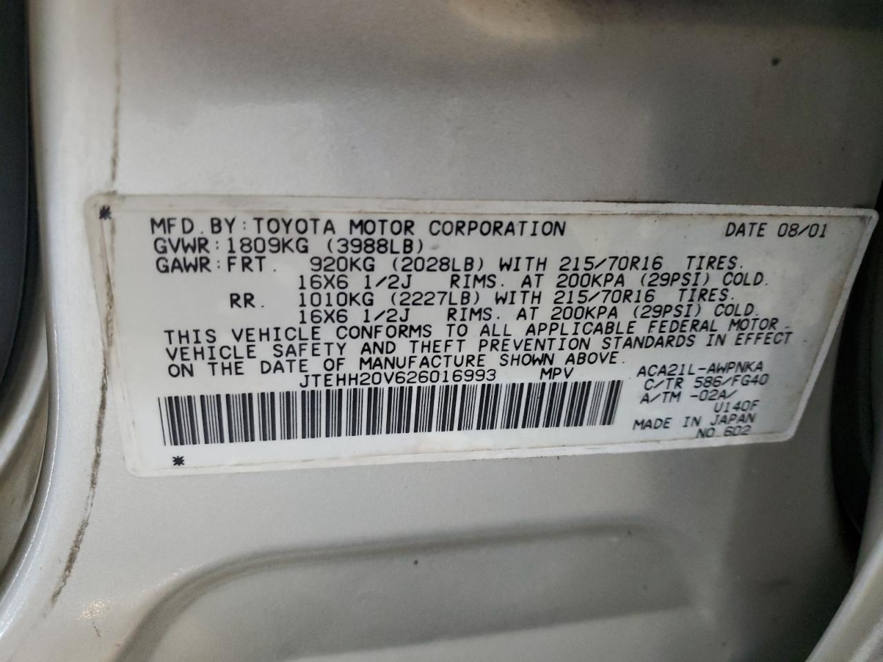 2002 Toyota Rav4 VIN: JTEHH20V626016993 Lot: 82632255