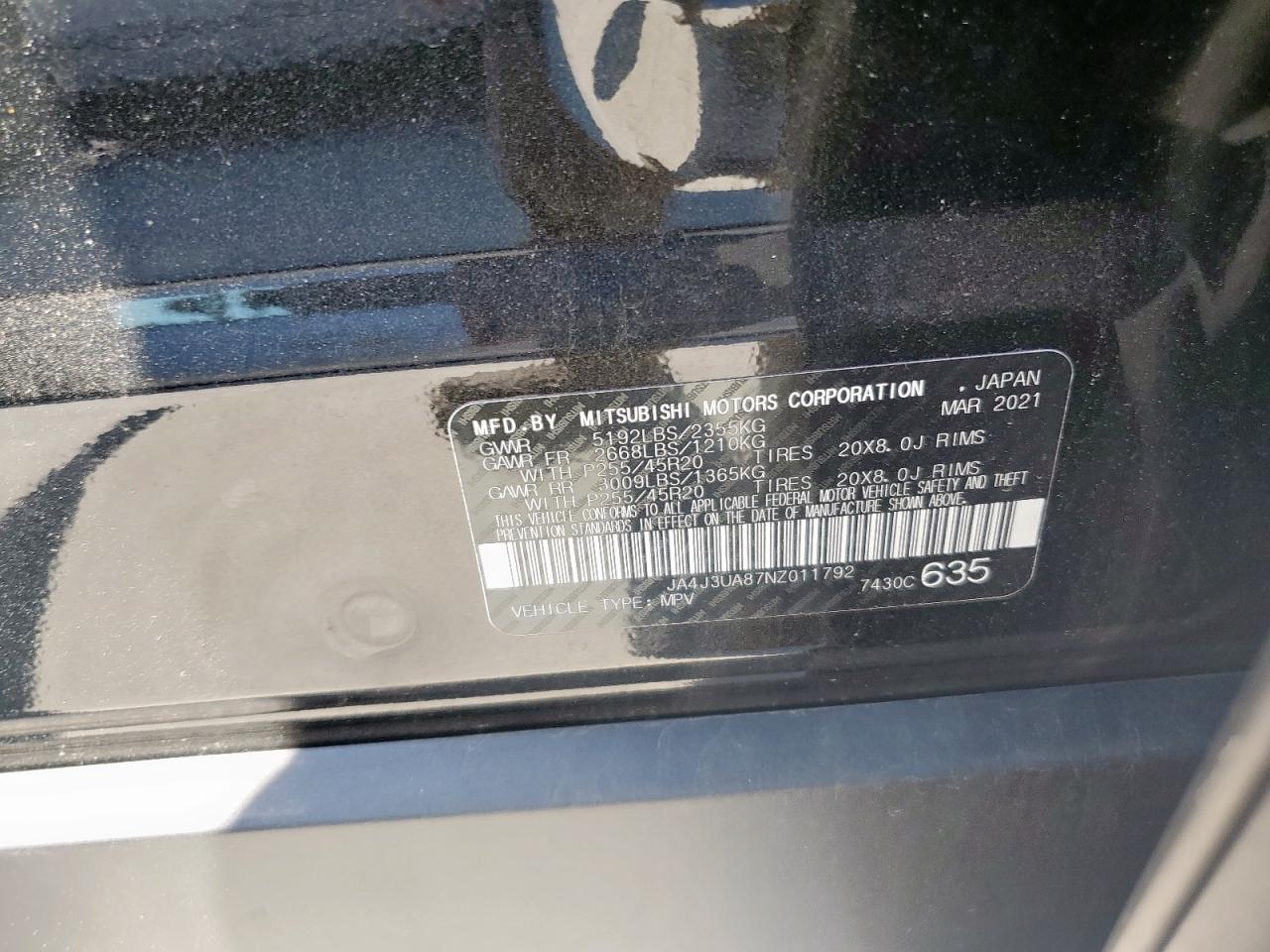 2022 Mitsubishi Outlander Se VIN: JA4J3UA87NZ011792 Lot: 84947535