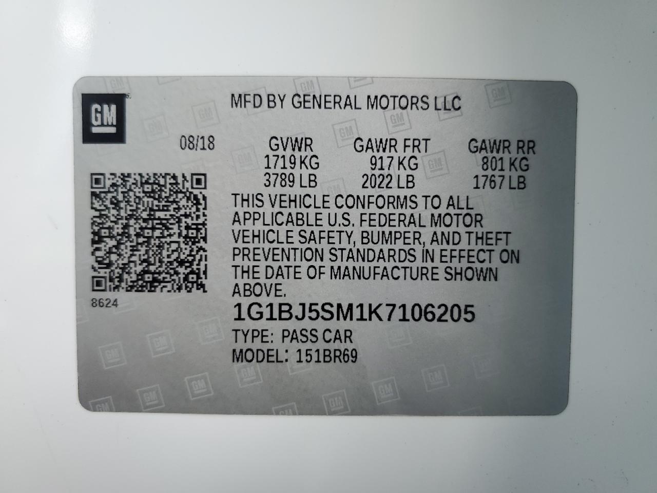 2019 Chevrolet Cruze VIN: 1G1BJ5SM1K7106205 Lot: 85582755