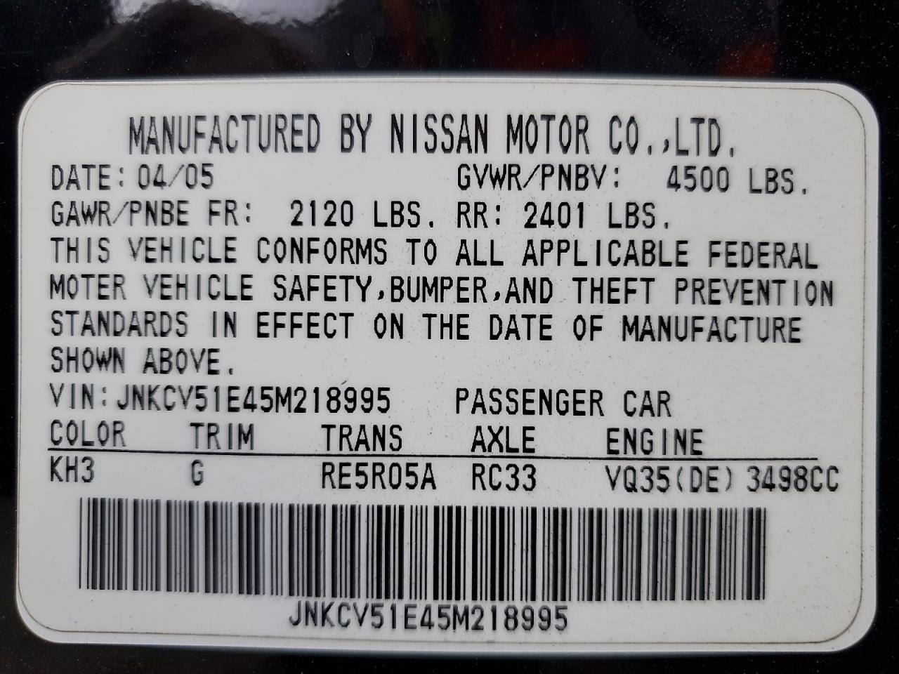 2005 Infiniti G35 VIN: JNKCV51E45M218995 Lot: 85885085
