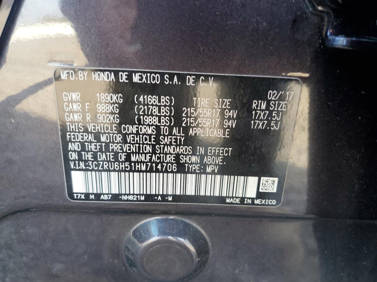 2017 Honda Hr-V Ex VIN: 3CZRU6H51HM714706 Lot: 85686715