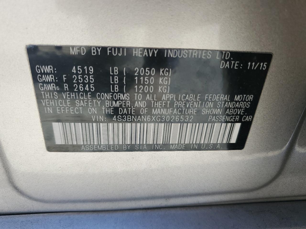 2016 Subaru Legacy 2.5I Limited VIN: 4S3BNAN6XG3026532 Lot: 87425505