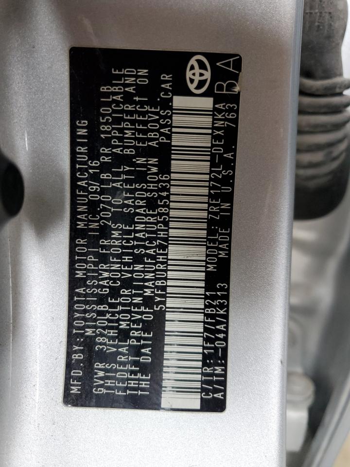 2017 Toyota Corolla L VIN: 5YFBURHE7HP585436 Lot: 85383915