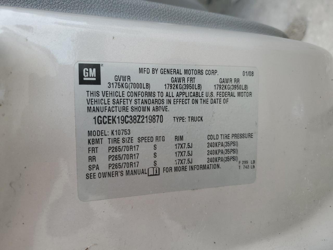 2008 Chevrolet Silverado K1500 VIN: 1GCEK19C38Z219870 Lot: 86182495