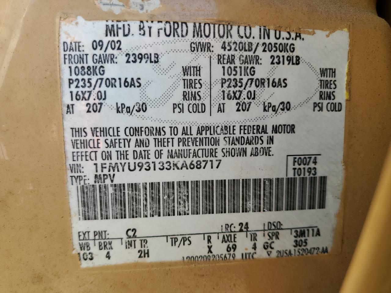 2003 Ford Escape Xlt VIN: 1FMYU93133KA68717 Lot: 84072675