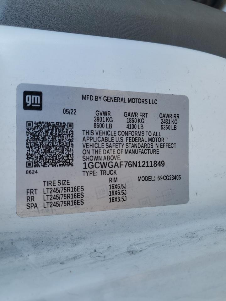 2022 Chevrolet Express G2500 VIN: 1GCWGAF76N1211849 Lot: 85891485
