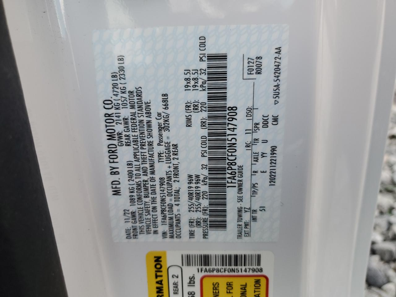 2022 Ford Mustang Gt VIN: 1FA6P8CF0N5147908 Lot: 90498165