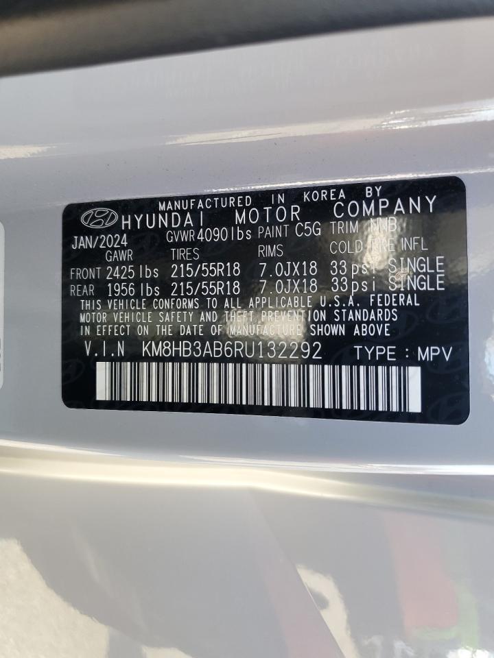 2024 Hyundai Kona Sel VIN: KM8HB3AB6RU132292 Lot: 82364435