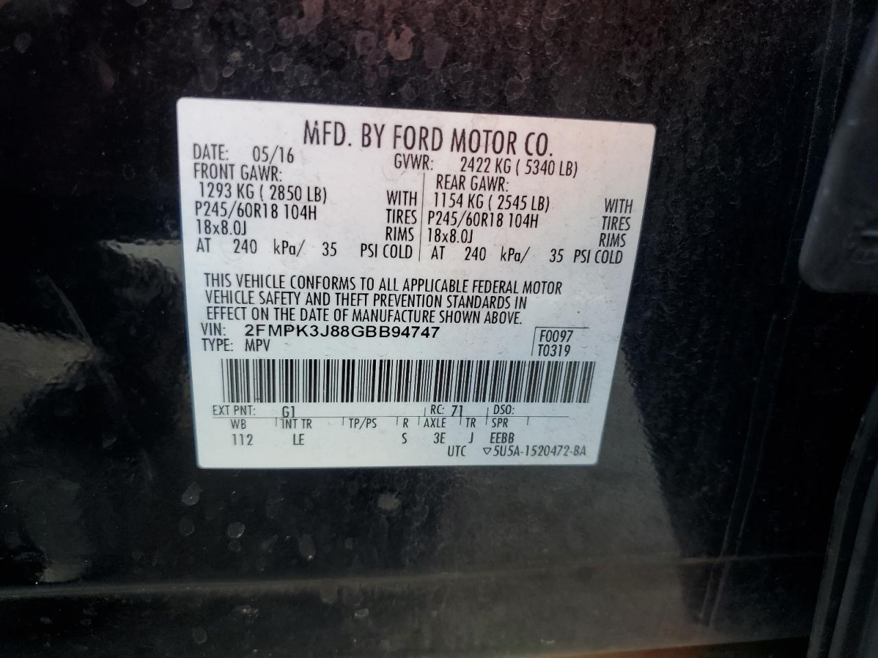 2016 Ford Edge Sel VIN: 2FMPK3J88GBB94747 Lot: 89442075