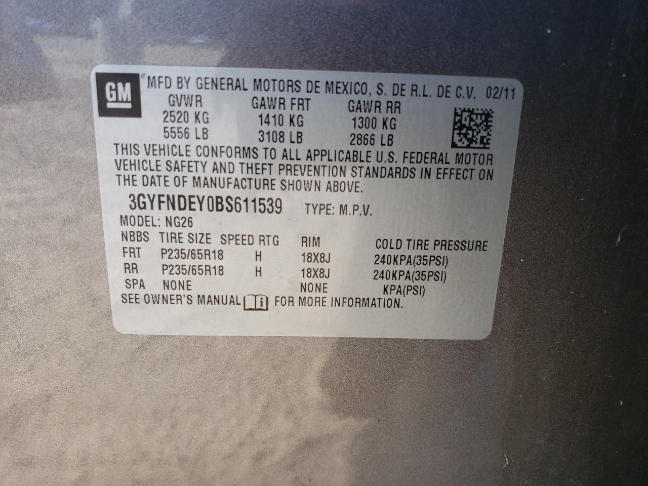 2011 Cadillac Srx Luxury Collection VIN: 3GYFNDEY0BS611539 Lot: 84536795