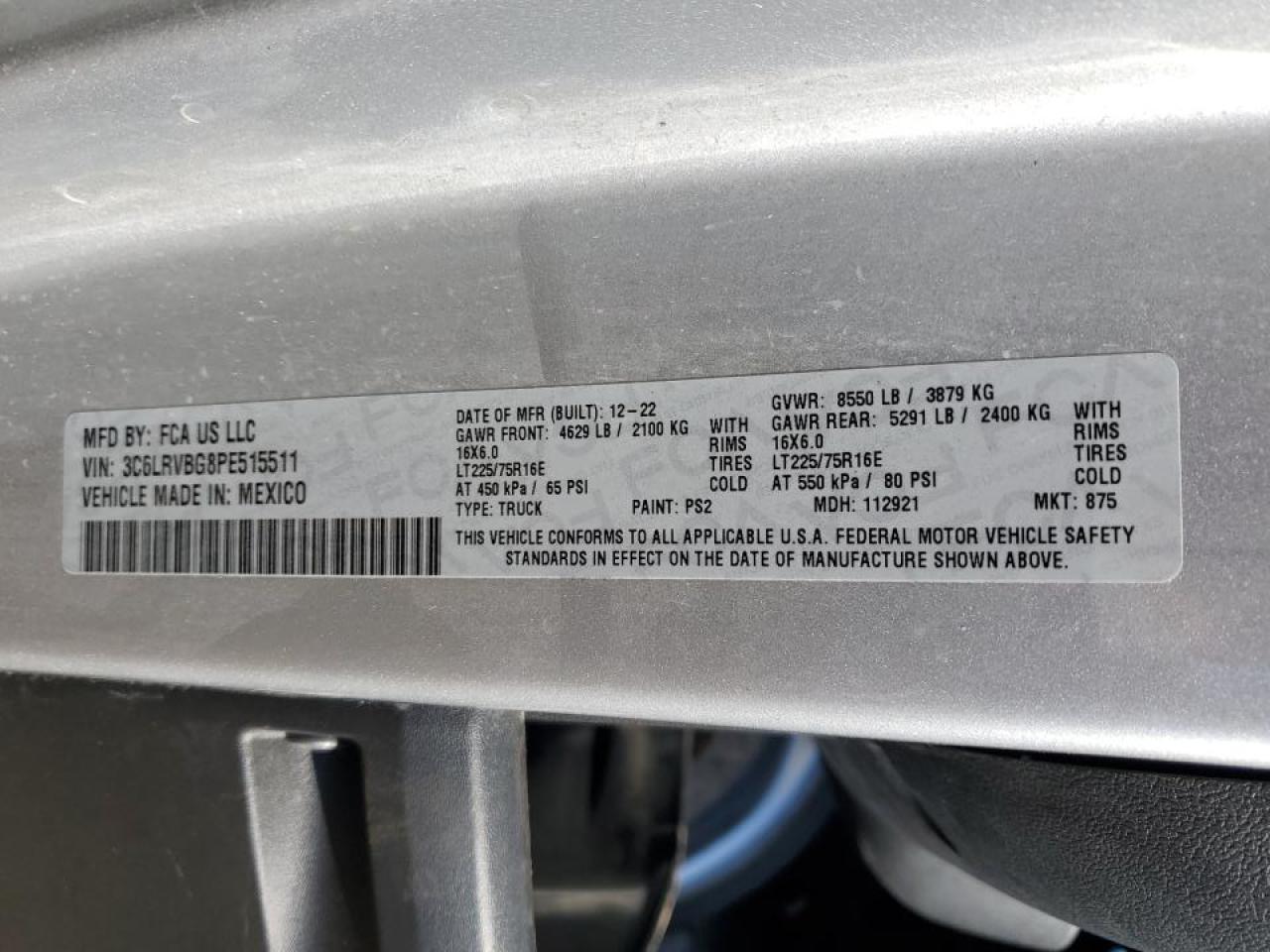 2023 Ram Promaster1500 Delivery Van VIN: 3C6LRVBG8PE515511 Lot: 87024765